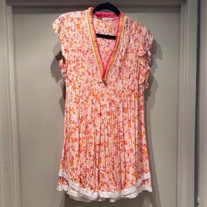 Poupette St. Barth Pink & Orange Floral Pleated Tunic